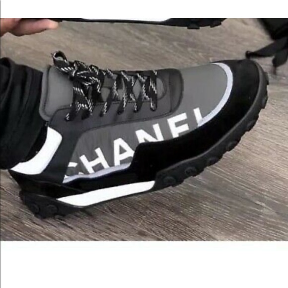 chanel cc grey black & white nylon calfskin sneaker